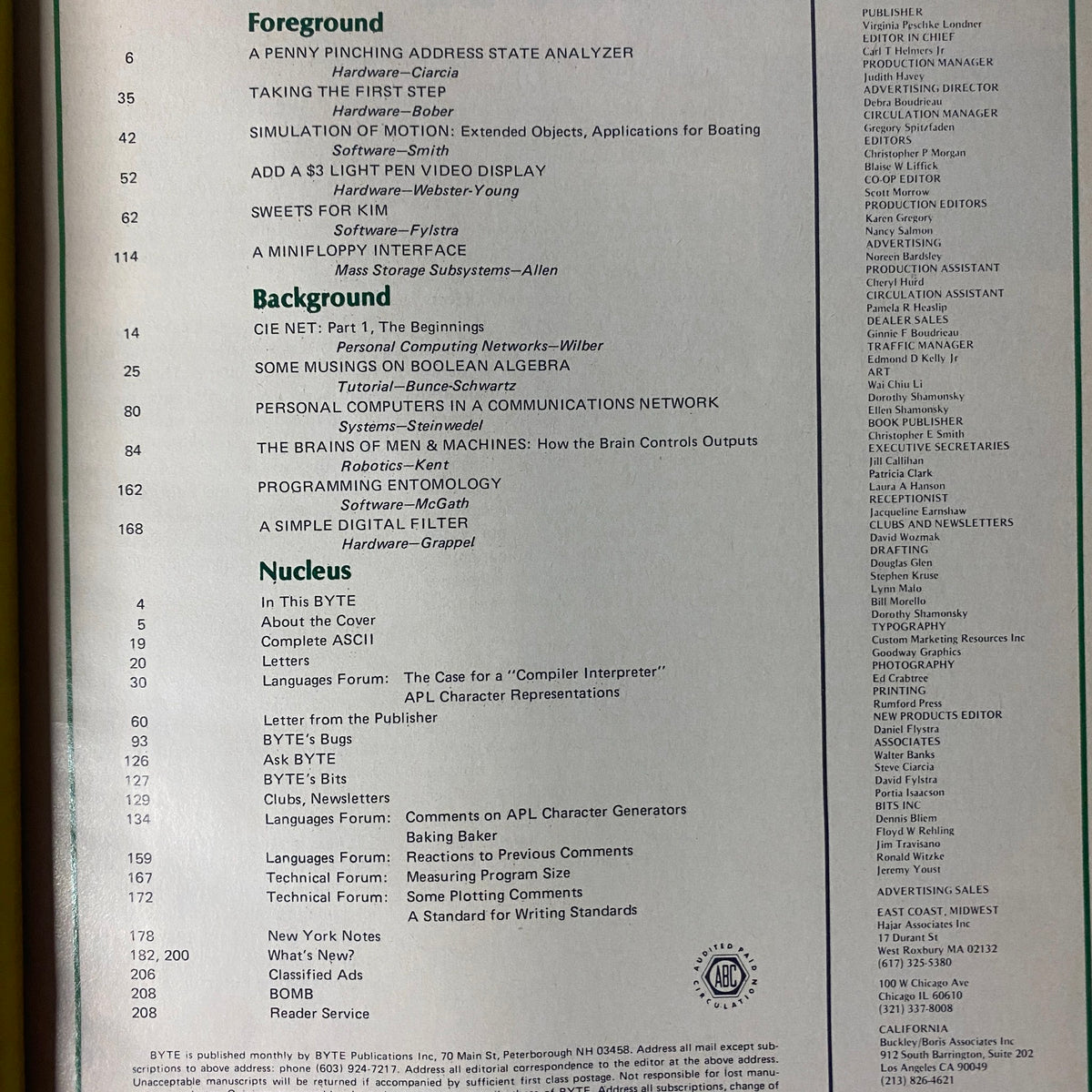 Image of the contents page from Byte Magazine February 1978, Vol 3 No 2, titled 'A Simple Digital Filter', highlighting articles on computing topics such as address state analyzers, boolean algebra, and personal computers in networks.