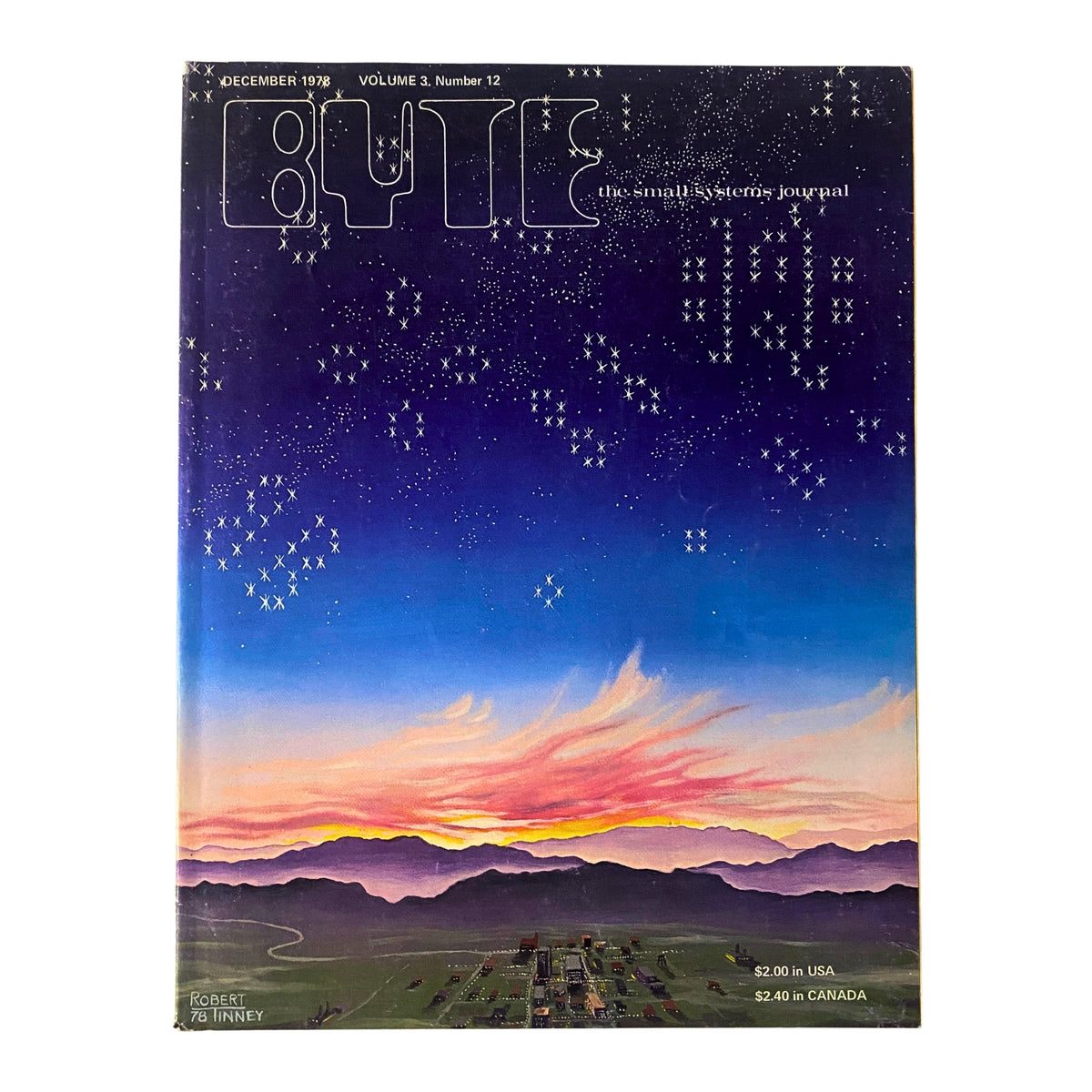 Cover of Byte Magazine December 1978 Vol 3 No. 12 featuring a colorful sunset with stars and a landscape, highlighting the theme 'Designing A Universal Turing Machine'.