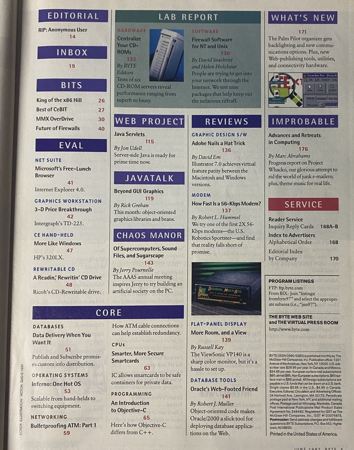 Byte Magazine June 1997 Special Database Coverage issue showing editorial sections including RIP: Anonymous User and Inbox, highlighting key articles on databases, Java Servlets, and advancements in computing.