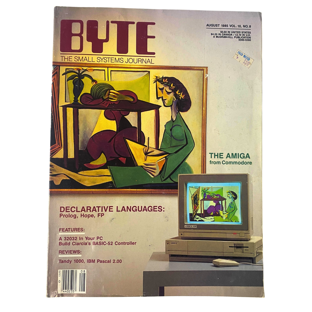 Cover of Byte Magazine, August 1985, featuring The Amiga from Commodore, showcasing art and highlighting content on declarative languages like Prolog, Hope, and FP.