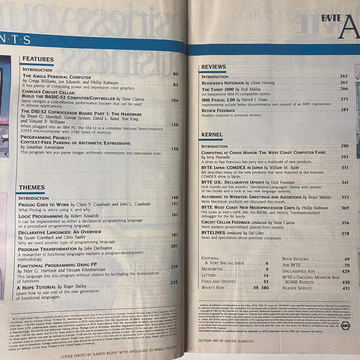 Table of contents from Byte Magazine, August 1985, detailing features on The Amiga from Commodore, declarative languages, and various reviews.