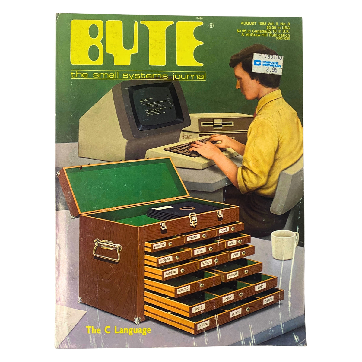 Cover of Byte Magazine August 1983, Vol 8 No. 8 featuring The C Language with a person typing on a computer and a wooden drawer filled with computer components.