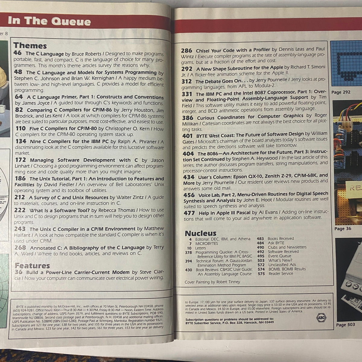 Inside pages of Byte Magazine August 1983, Vol 8 No. 8 showing articles and contents related to The C Language, alongside a list of themes and features.
