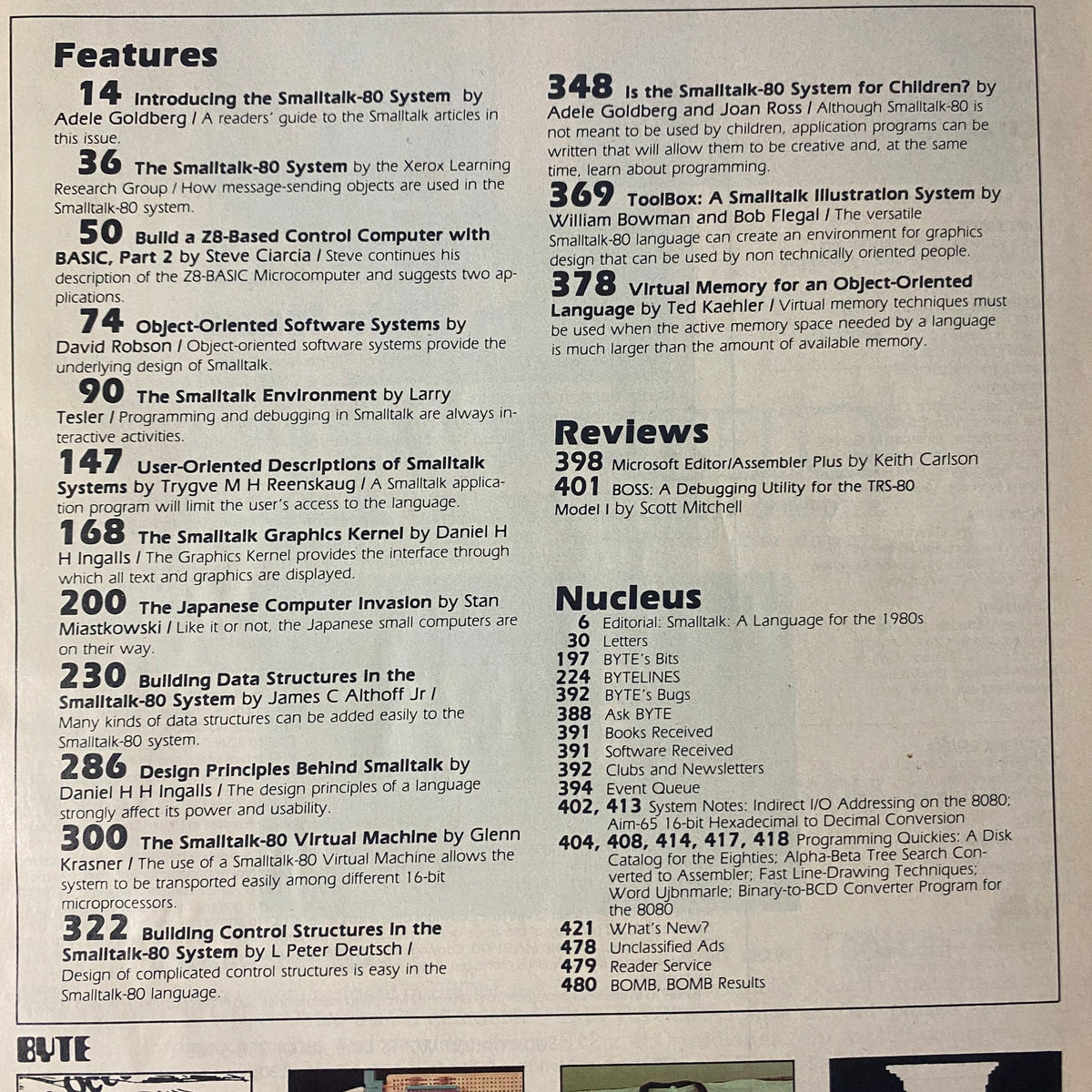 Table of contents from Byte Magazine August 1981 Vol 6 No. 8, showcasing featured articles including 'Introducing the Smalltalk-80 System' and 'Building Control Structures in Smalltalk-80'.