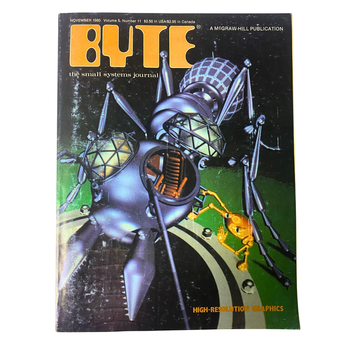 Byte Magazine November 1980 Vol 5 No. 11 cover featuring high-resolution graphics with a futuristic spider design, illustrated in vibrant colors.