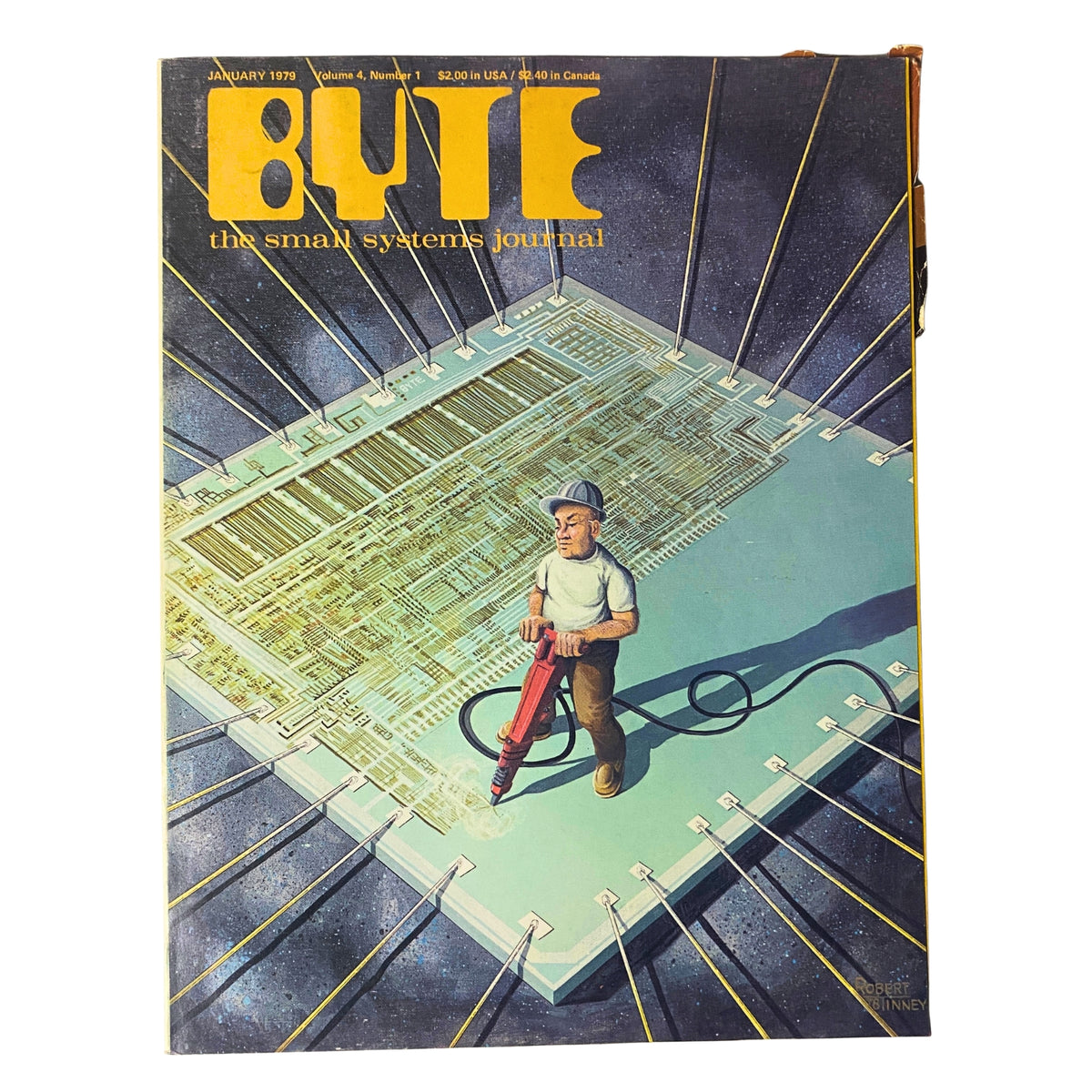 Cover of Byte Magazine, January 1979, Volume 4, Number 1 featuring the illustration 'Sculpting the New Titans' by Robert Tinney, showcasing themes of microcomputing.