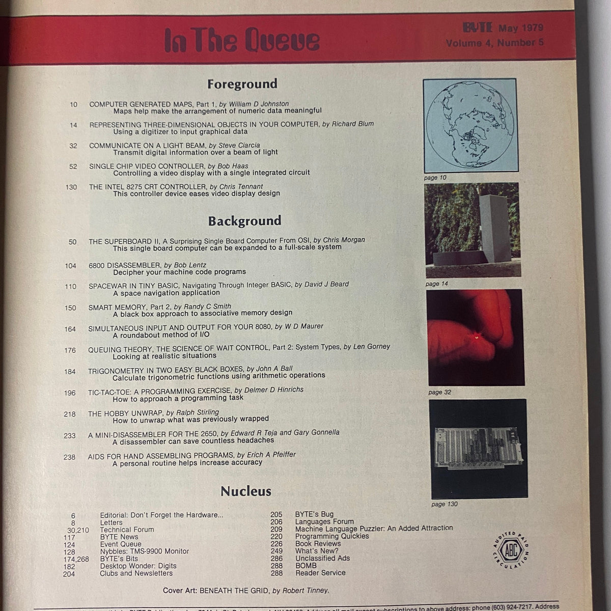 Byte Magazine May 1979 Vol 4 No. 5 interior page showing the table of contents, outlining articles on computer graphics, I/O methods, and more.