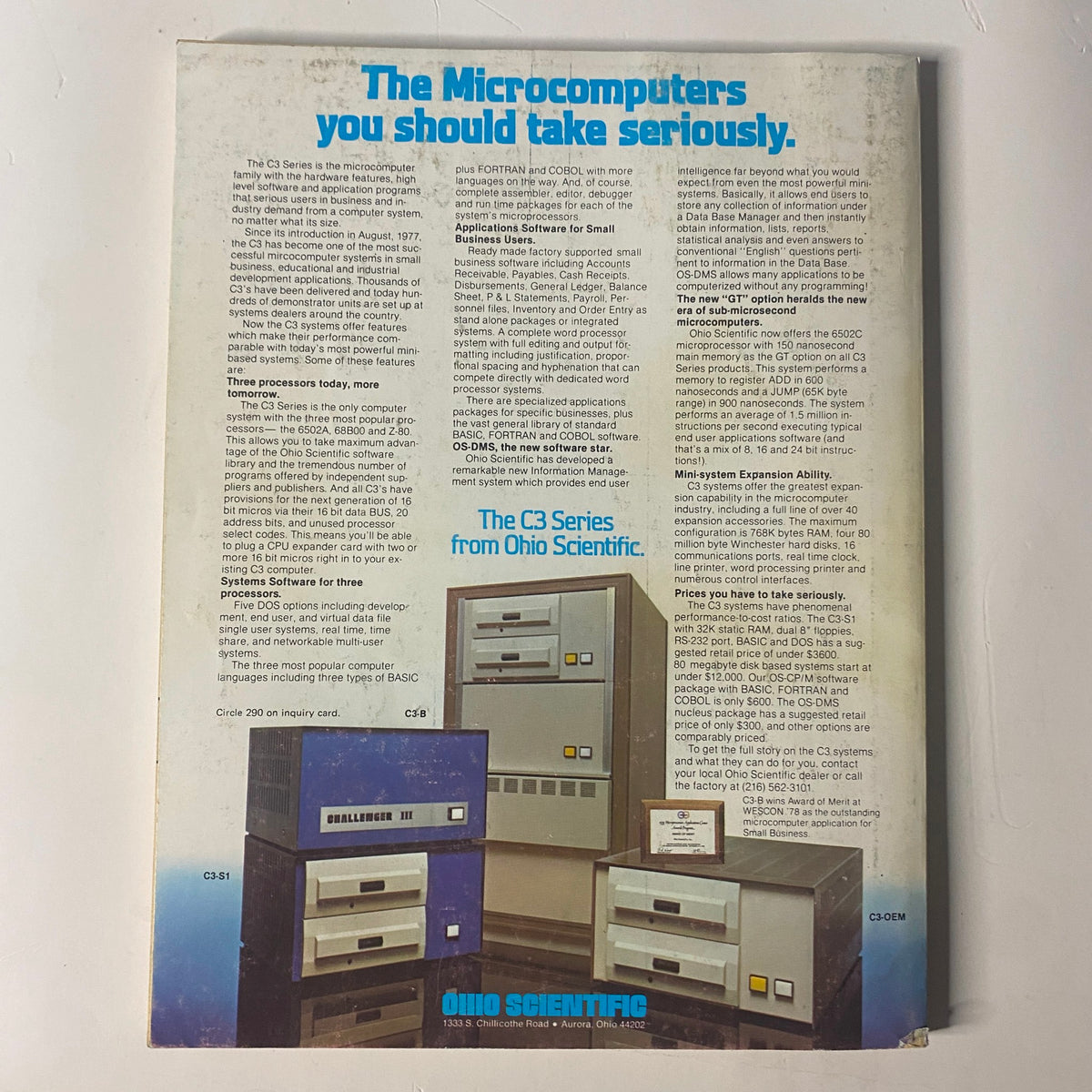 Byte Magazine May 1979 Vol 4 No. 5 back cover advertisement for Ohio Scientific microcomputers, emphasizing their importance in computing.