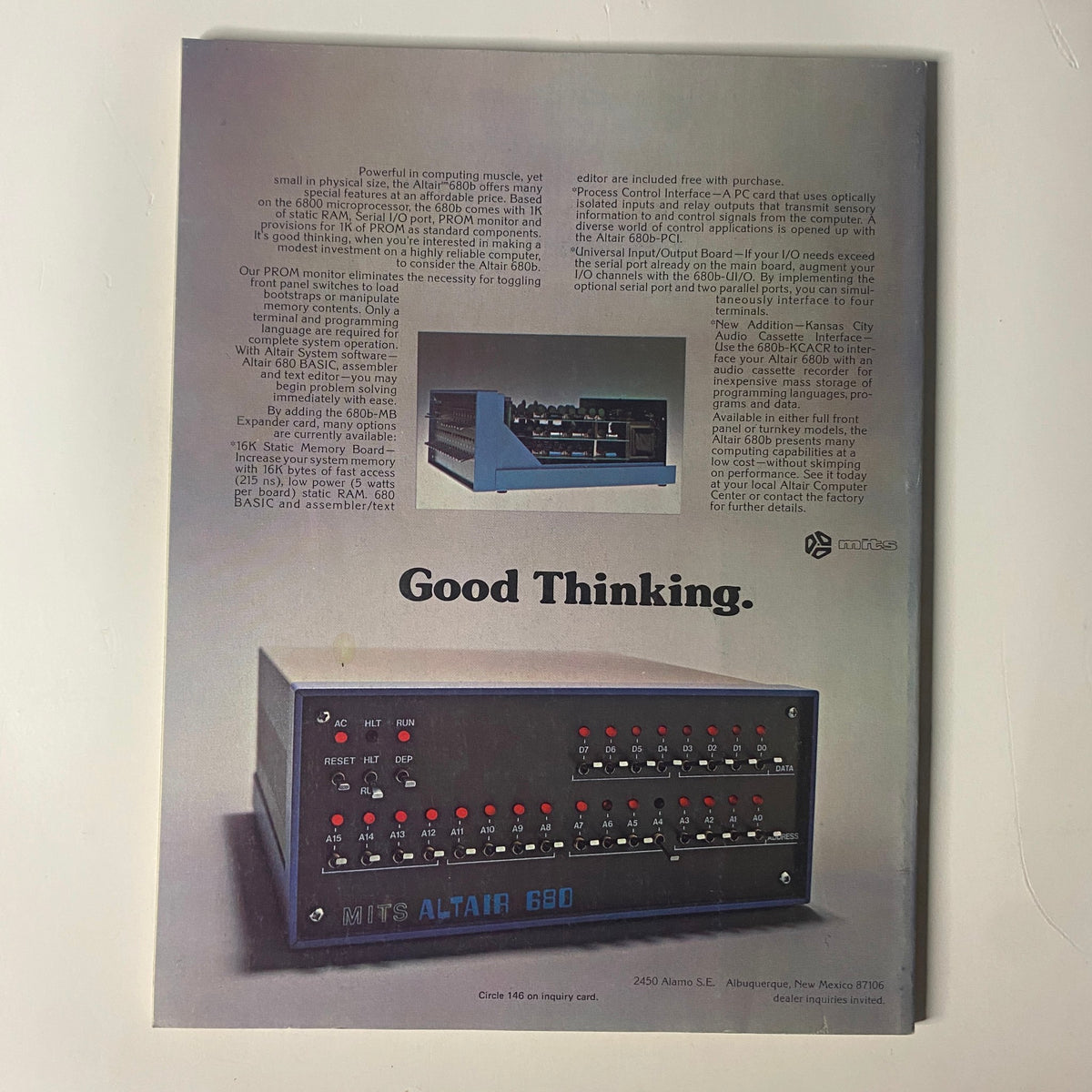 Advertisement from Byte Magazine August 1977, Vol 2 No 8 for the Altair 680 computer, promoting its capabilities and features with the tagline 'Good Thinking'.