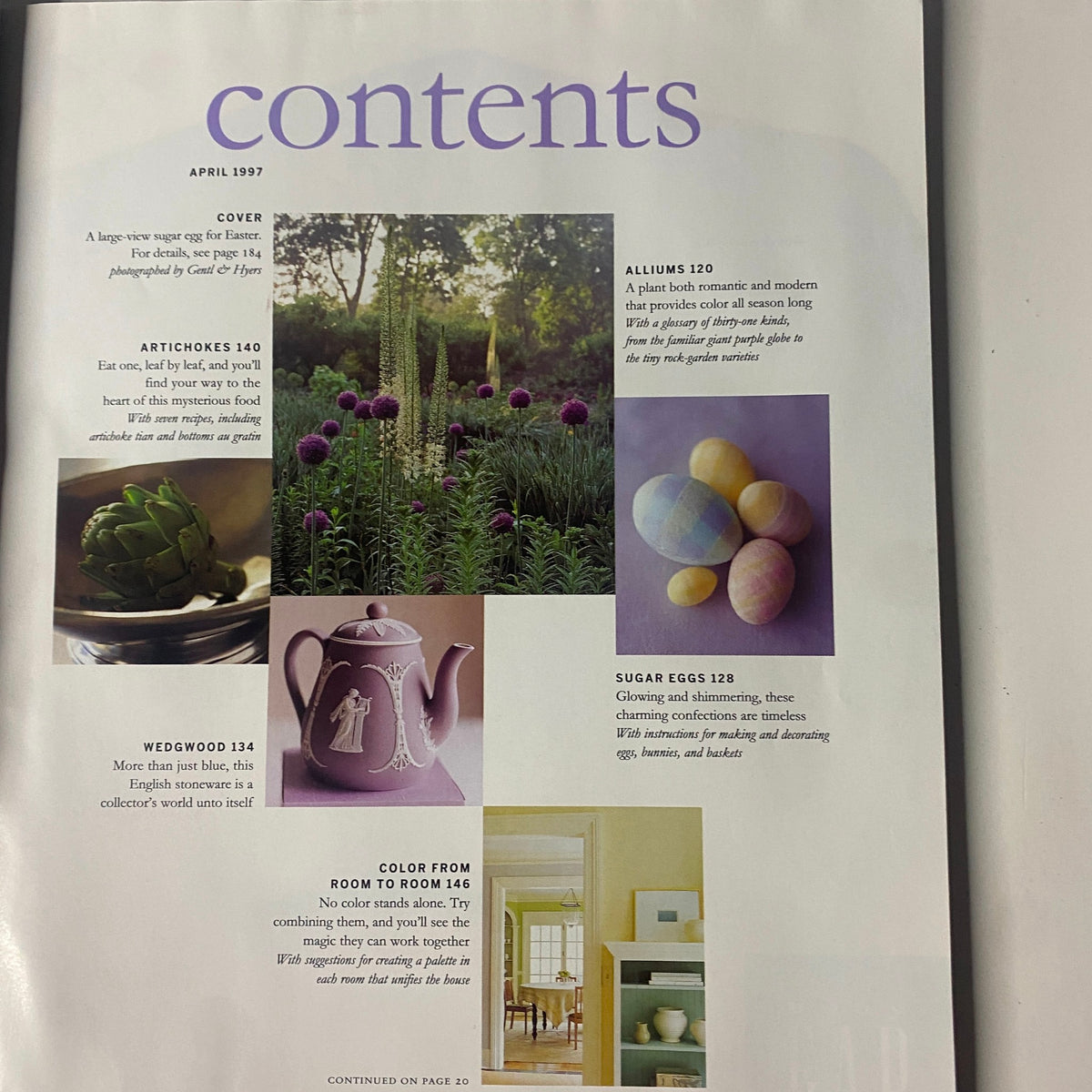 Contents page of Martha Stewart Living Magazine April 1997, listing features including alliums, artichokes, sugar eggs, and the cover story.