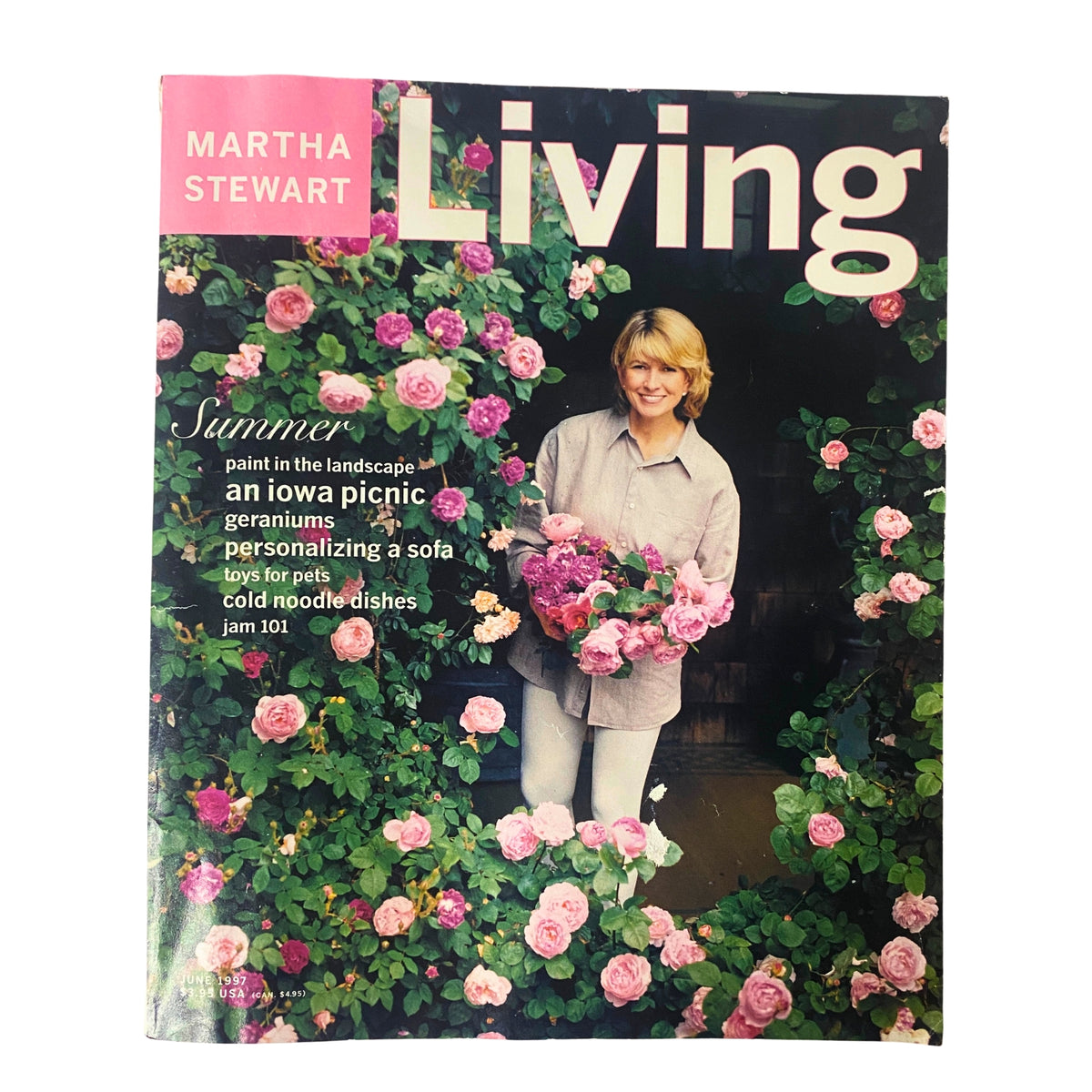 Cover of Martha Stewart Living Magazine June 1997 featuring Martha Stewart with roses in a lush garden. This issue includes content on summer living and outdoor gatherings.
