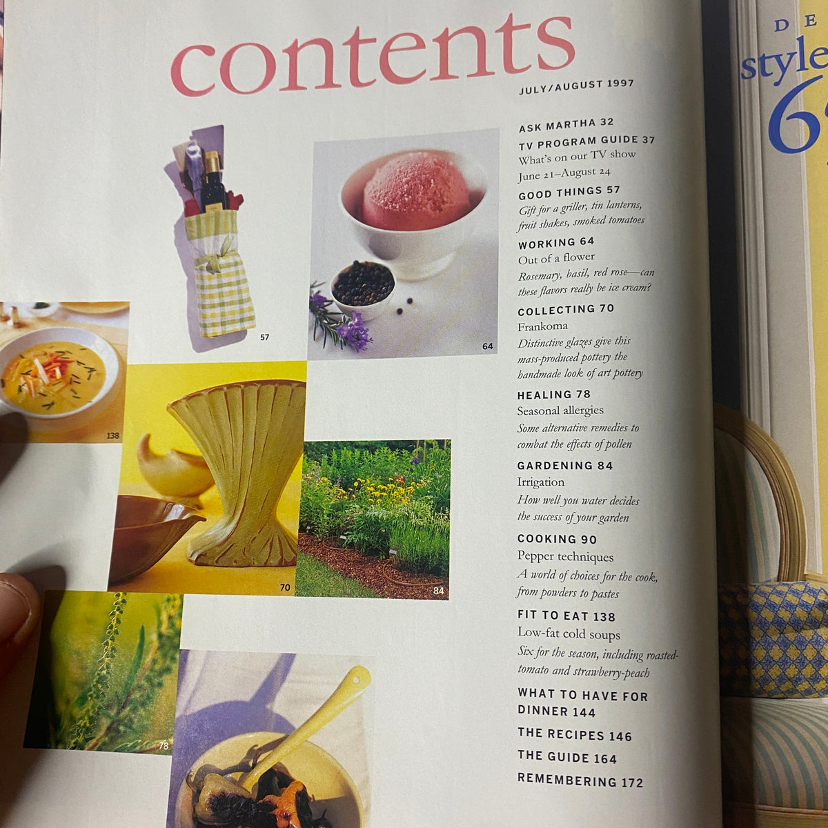 Another contents page from Martha Stewart Living Magazine July 1997, listing features on Ask Martha, Cooking, Seasonal Allergies, and more.