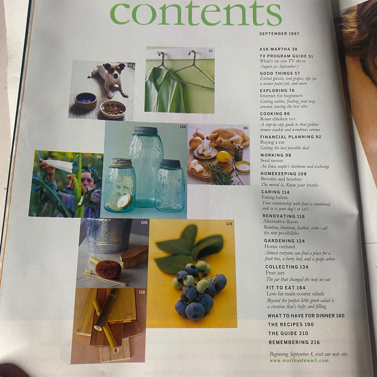 Detailed contents page of Martha Stewart Living Magazine September 1997 illustrating sections like 'Good Things' and 'Gardening – Home Orchard' with accompanying visuals.