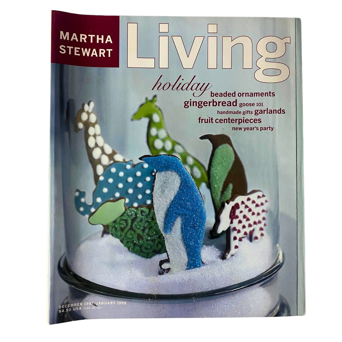 Cover of Martha Stewart Living Magazine December 1997 featuring festive gingerbread animal cookies and headlines about holiday recipes, beaded ornaments, gingerbread, fruit centerpieces, and a New Year's party.