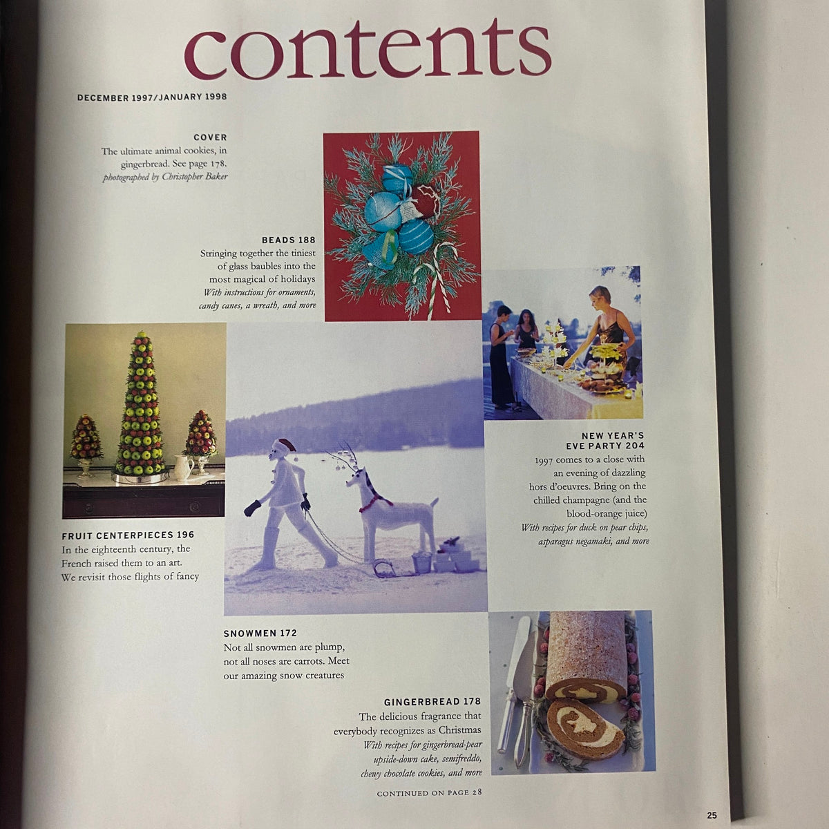 Contents page from Martha Stewart Living Magazine December 1997, featuring festive recipes and projects, including fruit centerpieces, New Year’s Eve party ideas, snowmen decorations, and gingerbread recipes.