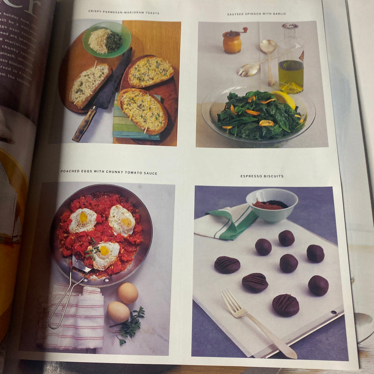 Colorful food photography from Martha Stewart Living Magazine December 1997, showcasing crispy parmesan herb toasts, sautéed spinach with garlic, poached eggs with chunky tomato sauce, and espresso biscuits.