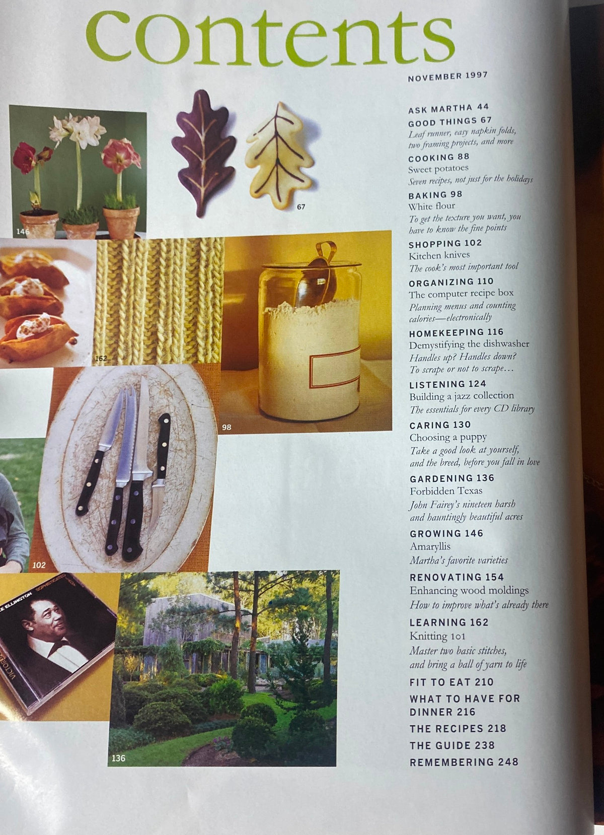 Another contents page from Martha Stewart Living Magazine November 1997, showcasing articles such as Ask Martha, Organizing, and Gardening.