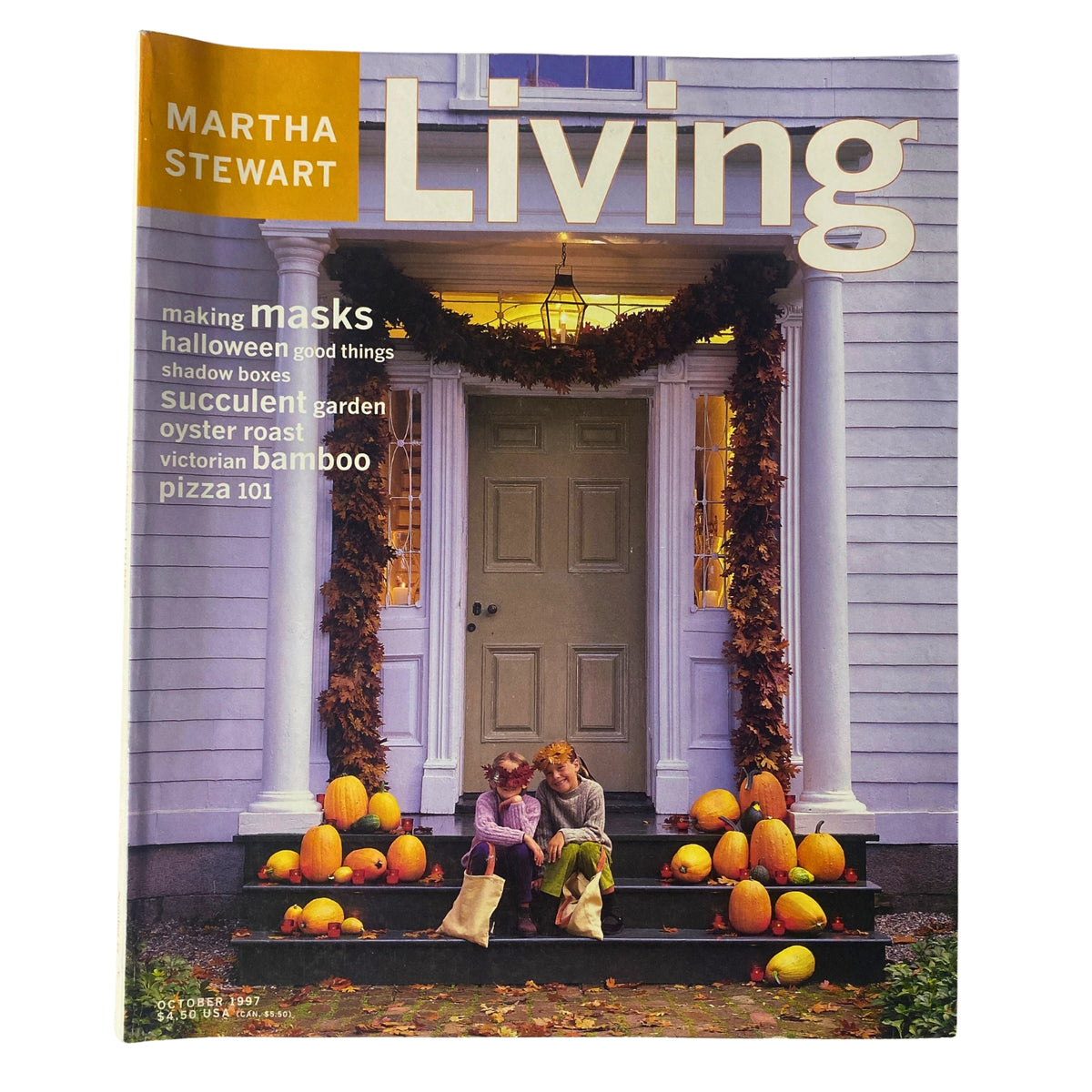 Cover of Martha Stewart Living Magazine October 1997, featuring autumn-themed decor with pumpkins and children on the steps of Martha's home.