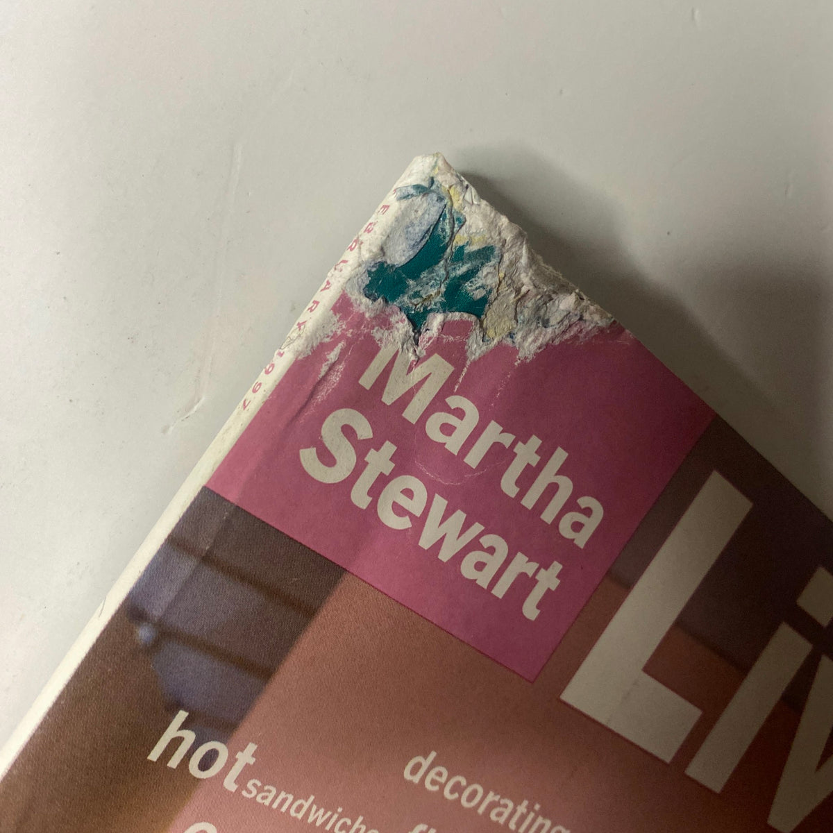 Close-up of the cover damage on Martha Stewart Living Magazine February 1997, highlighting wear and tear.