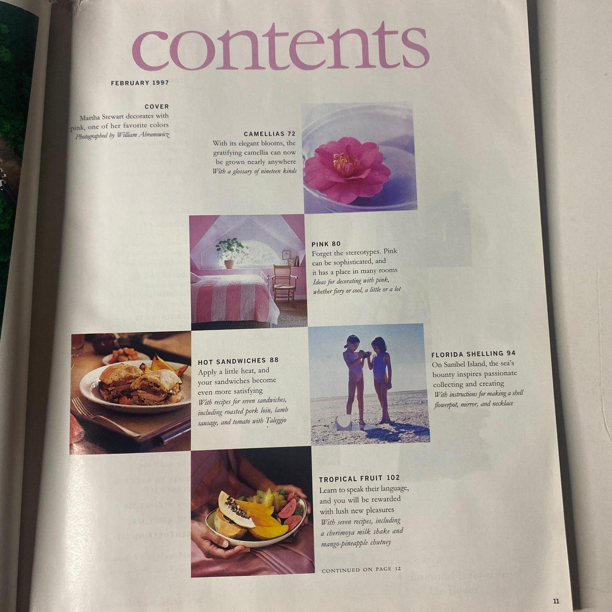 Contents page of Martha Stewart Living Magazine February 1997, featuring article highlights like Camellias, Pink, Hot Sandwiches, and Florida Shelling.