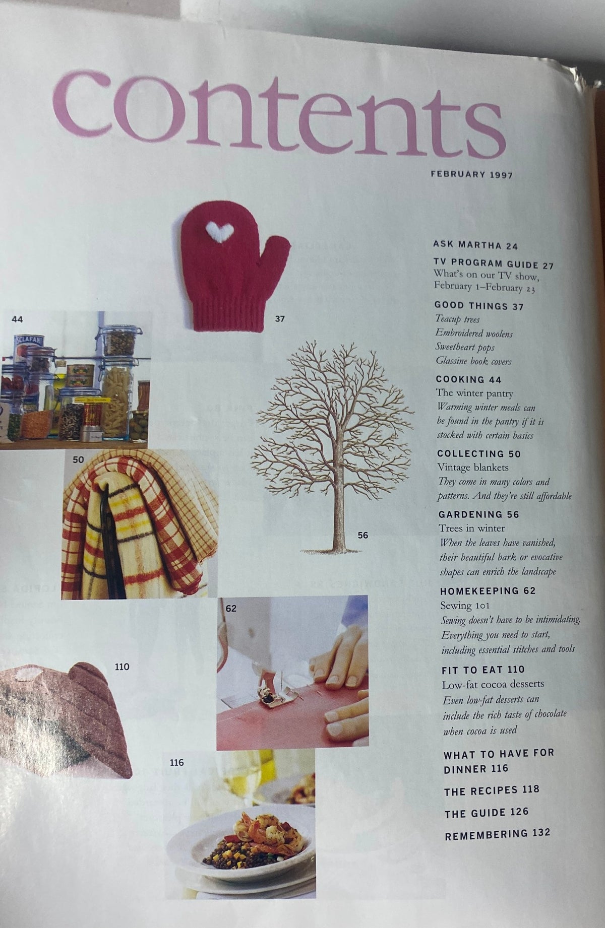 Contents page of Martha Stewart Living Magazine February 1997, featuring sections like Ask Martha, TV Program Guide, and Good Things.