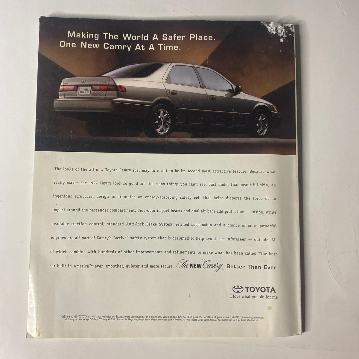 Back cover of Martha Stewart Living Magazine February 1997, displaying a Toyota Camry advertisement emphasizing safety features.