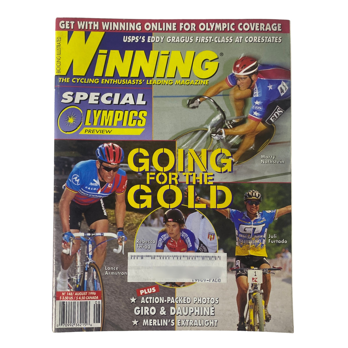 Cover of Winning Bicycle Racing Illustrated, August 1996, No. 148 featuring Lance Armstrong and highlighting Special Olympics preview and Olympic cycling news.