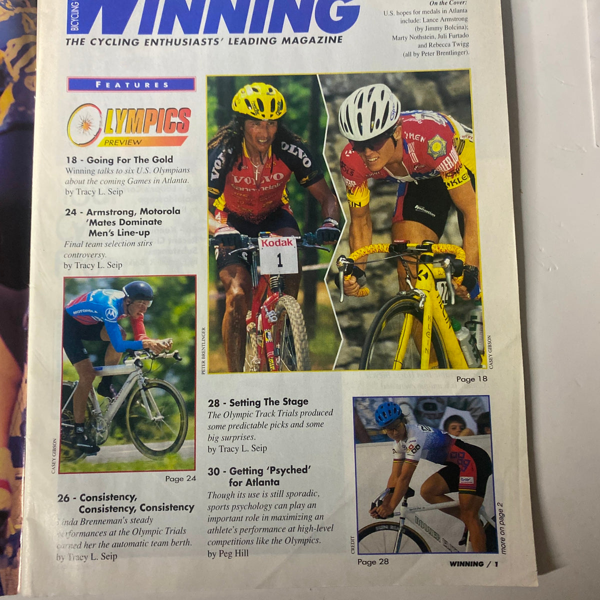 Inside page of Winning Bicycle Racing Illustrated, August 1996, showcasing features on Olympic cycling with headlines including Going for the Gold and Armstrong's team dominance.