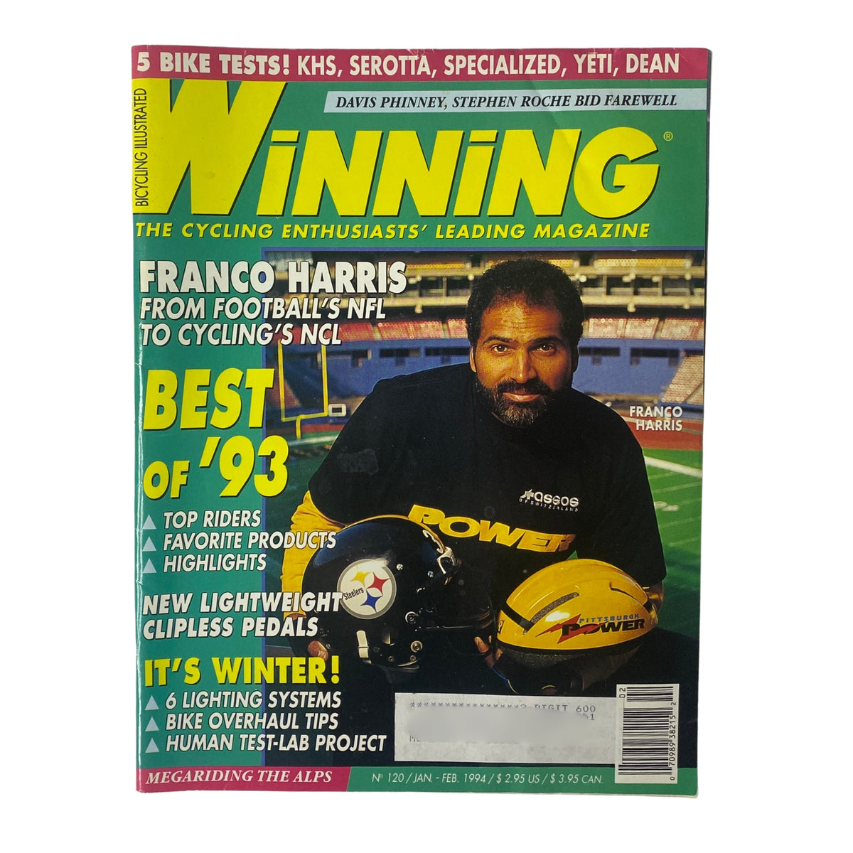 Cover of Winning Bicycle Racing Illustrated, January 1994, No. 120 featuring Franco Harris, showcasing cycling and football, highlighting the rise of the National Cycling League.