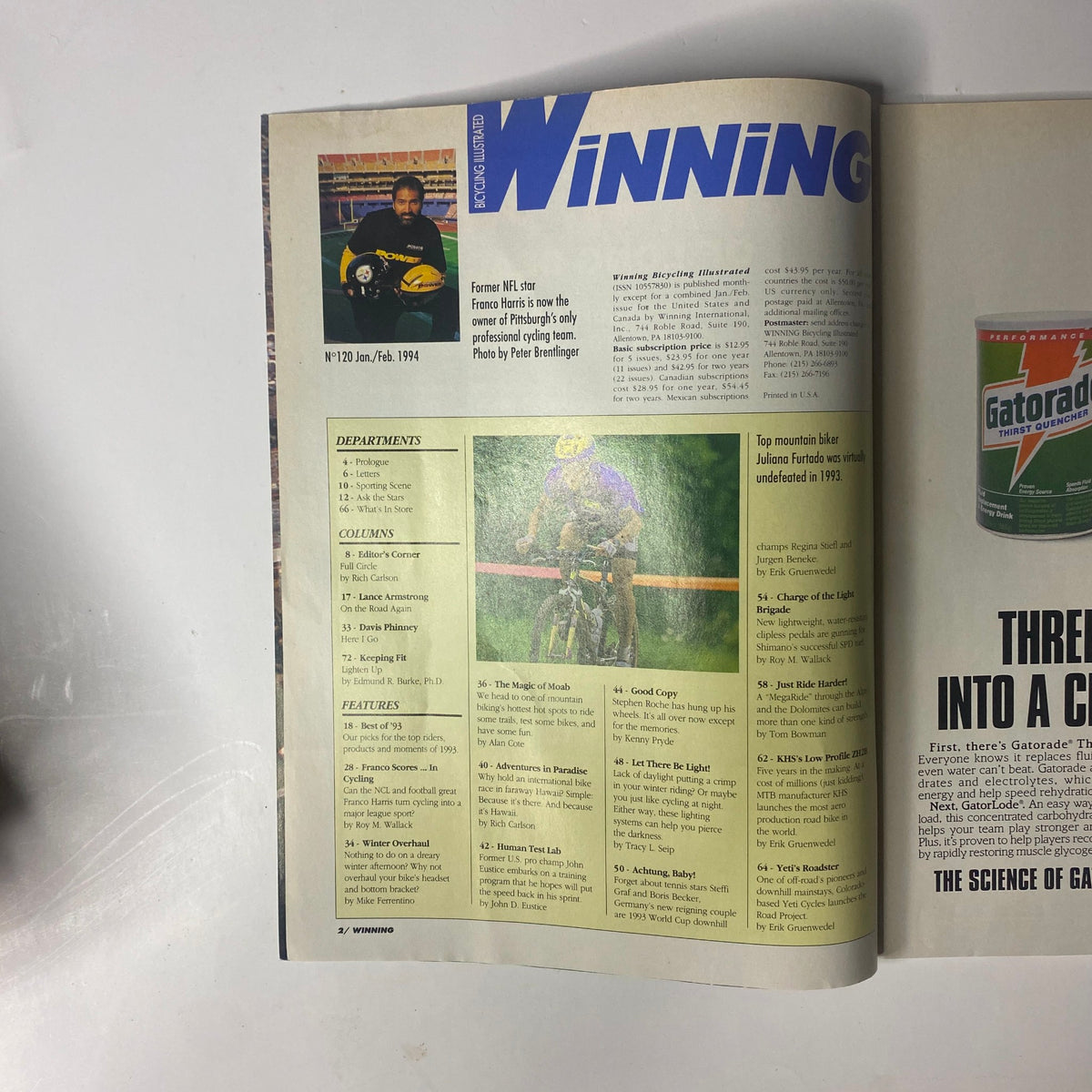 Interior page of Winning Bicycle Racing Illustrated, January 1994, No. 120, featuring a photograph of a mountain biker and content layout, emphasizing articles on cycling and sports.