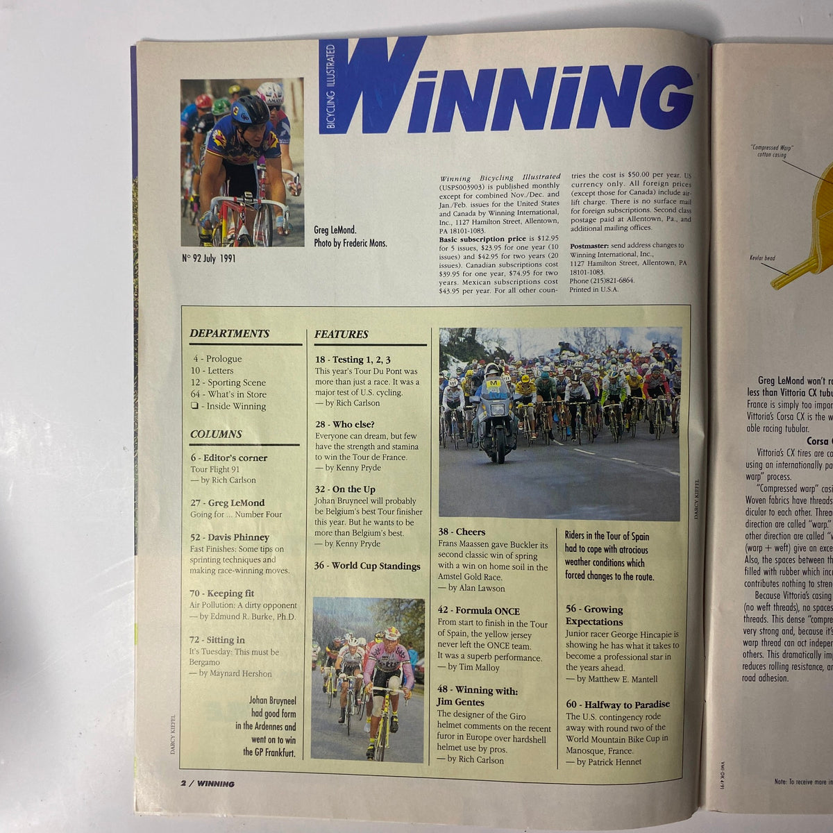 Interior page of Winning Bicycle Racing Illustrated July 1991 No. 92, highlighting the contents and features with a photograph of cyclists, including a focus on Greg LeMond and various cycling events.