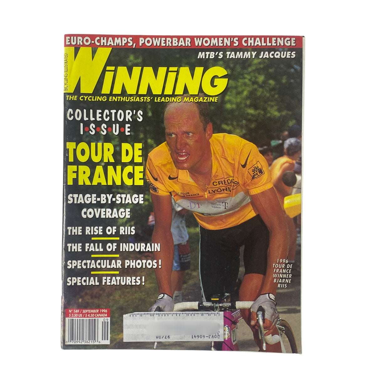 Cover of Winning Bicycle Racing Illustrated, September 1996, featuring Bjarne Riis, a key figure in cycling. The magazine highlights Tour de France stories and showcases the rise of American cycling talent.