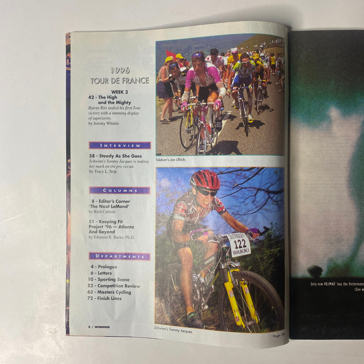 Interior page of Winning Bicycle Racing Illustrated, September 1996, featuring coverage of the 1996 Tour de France with images of cyclists in action. The page includes sections on interviews and columns relevant to cycling enthusiasts.