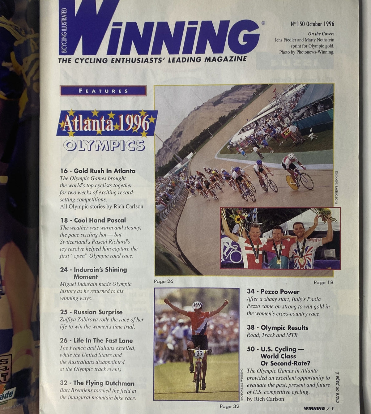 Cover of Winning Bicycle Racing Illustrated, October 1996, No. 150 featuring highlights from the Atlanta 1996 Olympics, including notable cyclists and events such as the Gold Rush in Atlanta and Pascal Richard's victory.