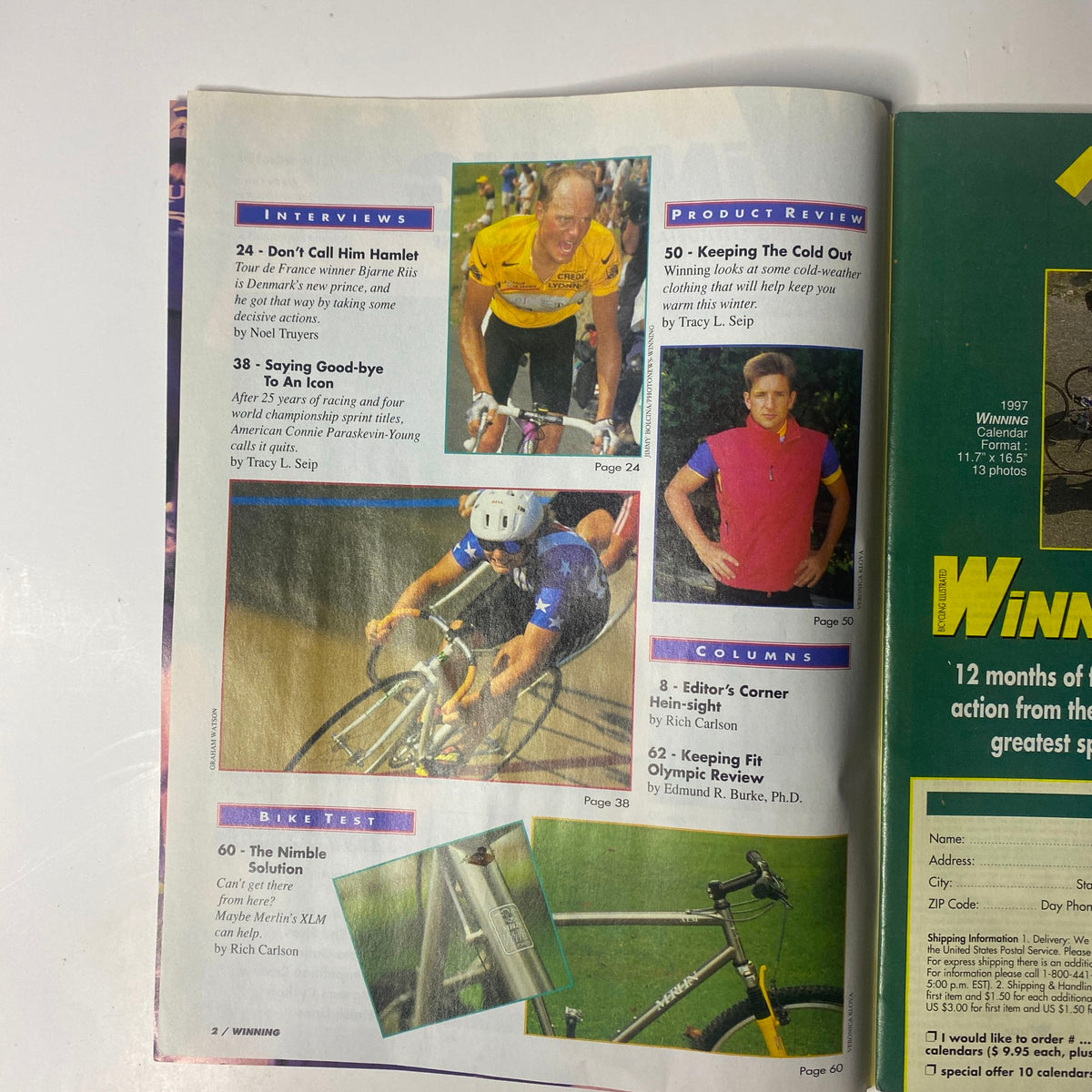 Another inside page of Winning Bicycle Racing Illustrated, November 1996, No. 151 highlighting interviews, product reviews, and cycling columns relevant to professional cycling enthusiasts.