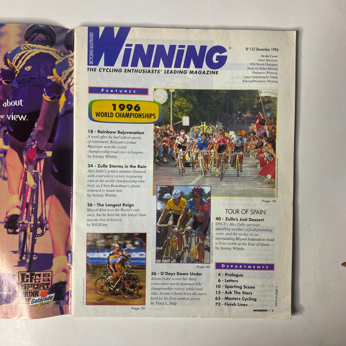 Cover of Winning Bicycle Racing Illustrated, December 1996, No. 152 featuring articles on the 1996 World Championships, Johan Museeuw, and Alex Zülle.