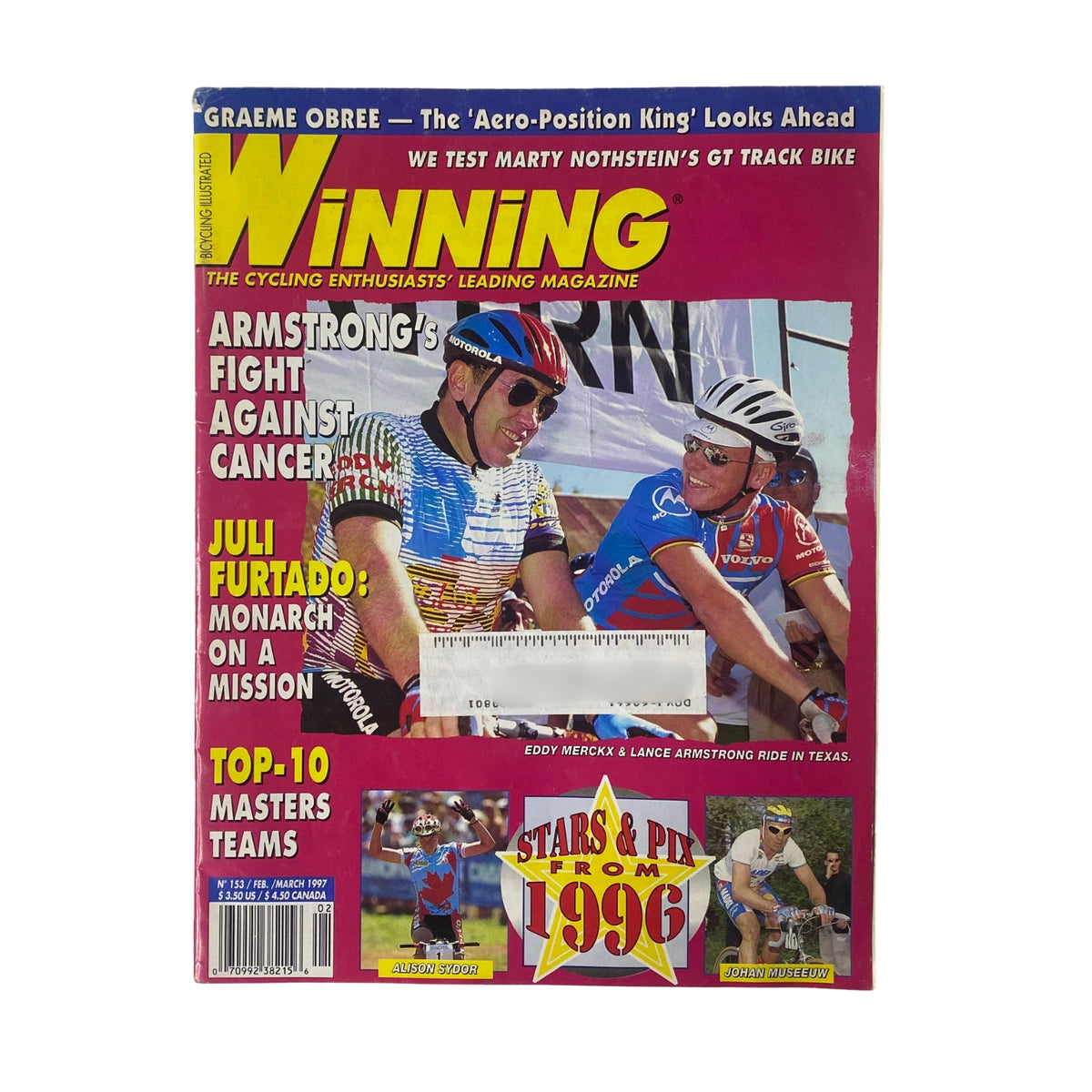 Winning Bicycle Racing Illustrated February 1997, No. 153 featuring Graeme Obree, Juli Furtado, and top cycling teams, showcasing vibrant cover design with articles on cycling innovations and highlights of the 1996 racing season.
