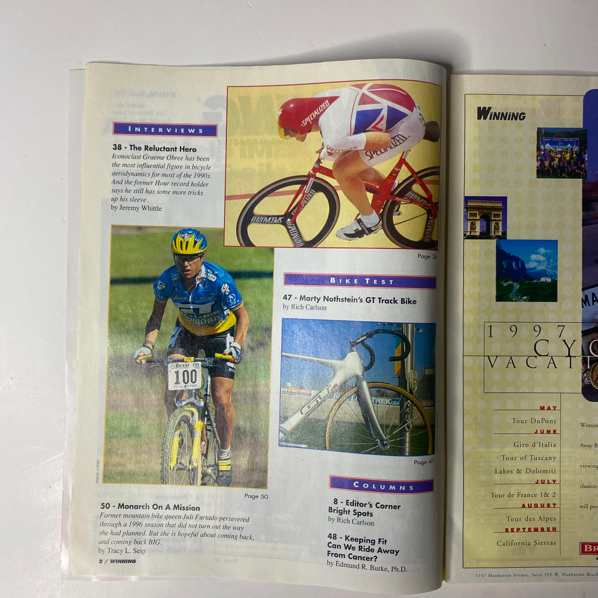 Another interior page of Winning Bicycle Racing Illustrated February 1997, No. 153, focusing on an interview with cycling icon Graeme Obree and the 'Spin and Marty' feature, highlighting key moments in cycling history.