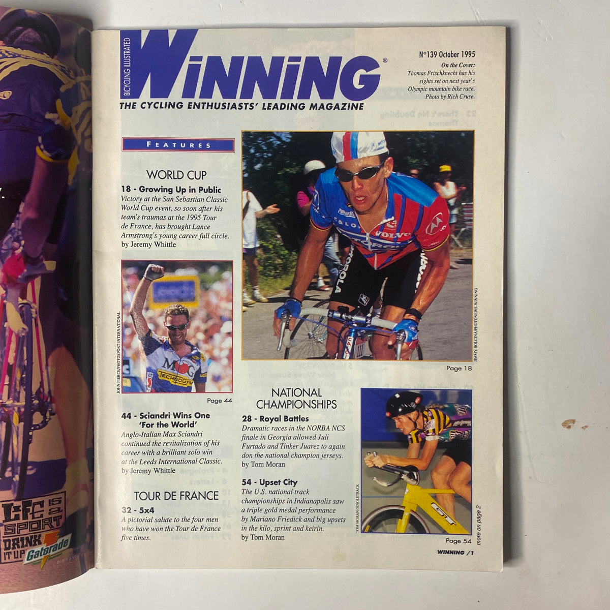 Feature page from Winning Bicycle Racing Illustrated, October 1995, No. 139, displaying highlights on World Cup and National Championships with colorful cycling action shots.