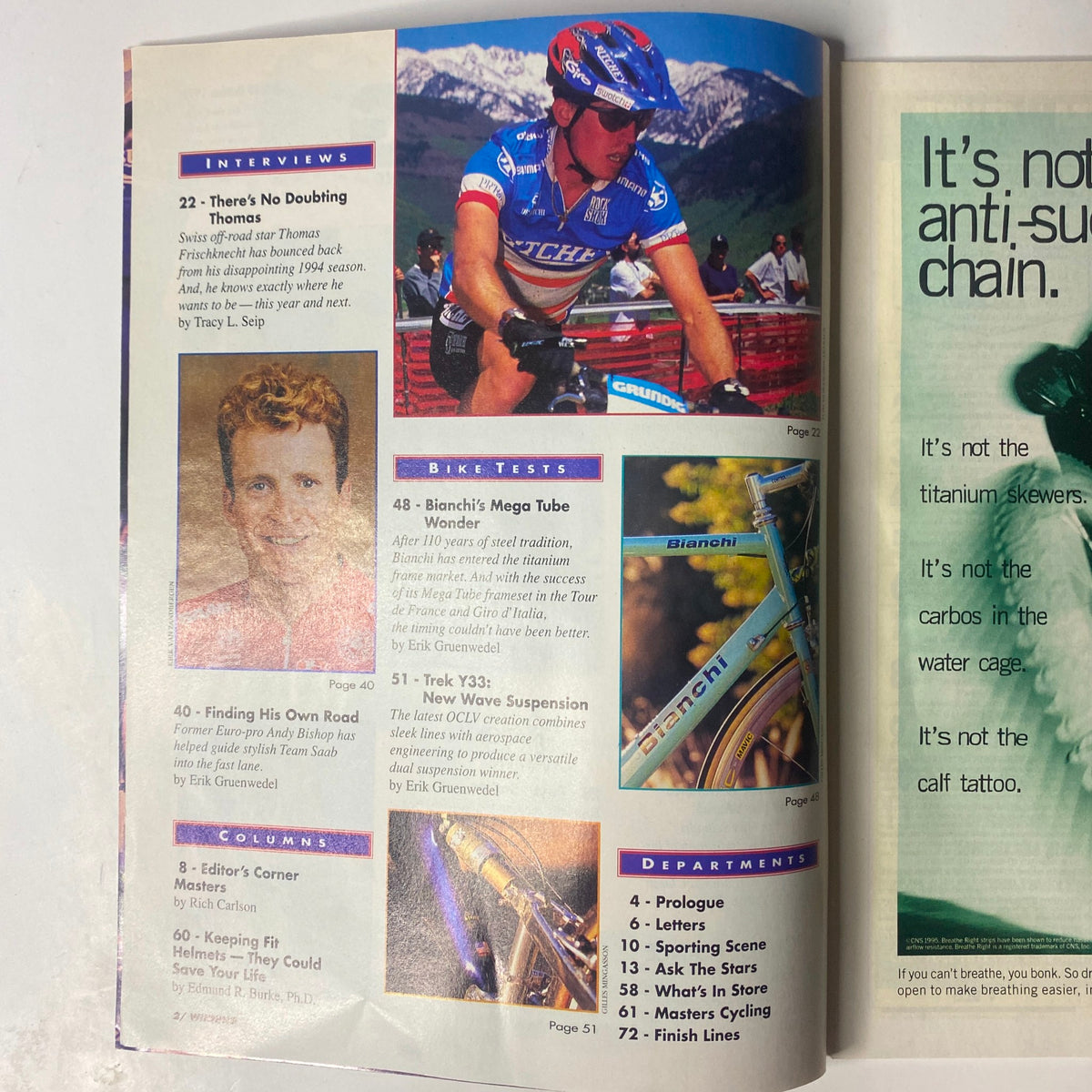 Content page from Winning Bicycle Racing Illustrated, October 1995, No. 139, illustrating interviews and bike tests, focusing on Thomas Frischknecht and products like Bianchi's Mega Tube.