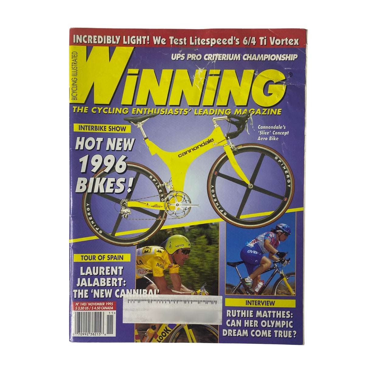 Cover of Winning Bicycle Racing Illustrated November 1995 No. 140 featuring Laurent Jalabert. The cover highlights new 1996 bikes and includes features on Cannondale and the UPS Pro Criterium Championship.