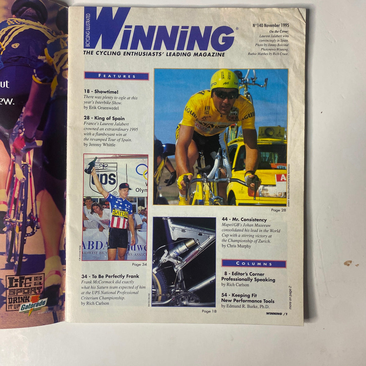 Interior page of Winning Bicycle Racing Illustrated November 1995 No. 140 showcasing features such as 'Showtime!', 'King of Spain', and 'Mr. Consistency'. Includes articles on cycling performances and innovations.