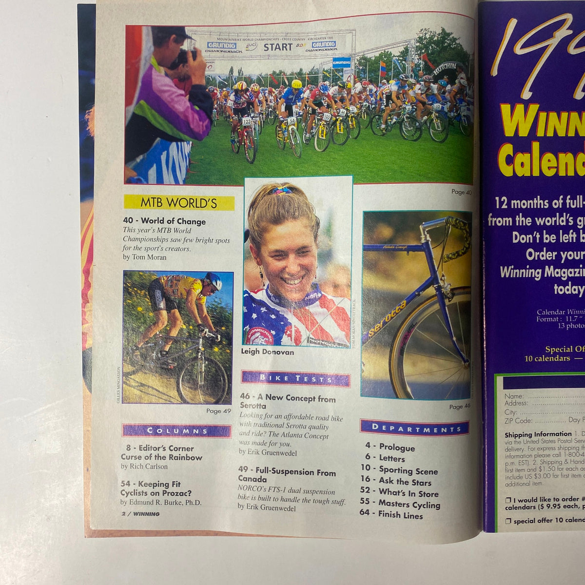 Inside page of Winning Bicycle Racing Illustrated December 1995, No. 141, highlighting the MTB World’s feature and a profile of Leigh Donovan.