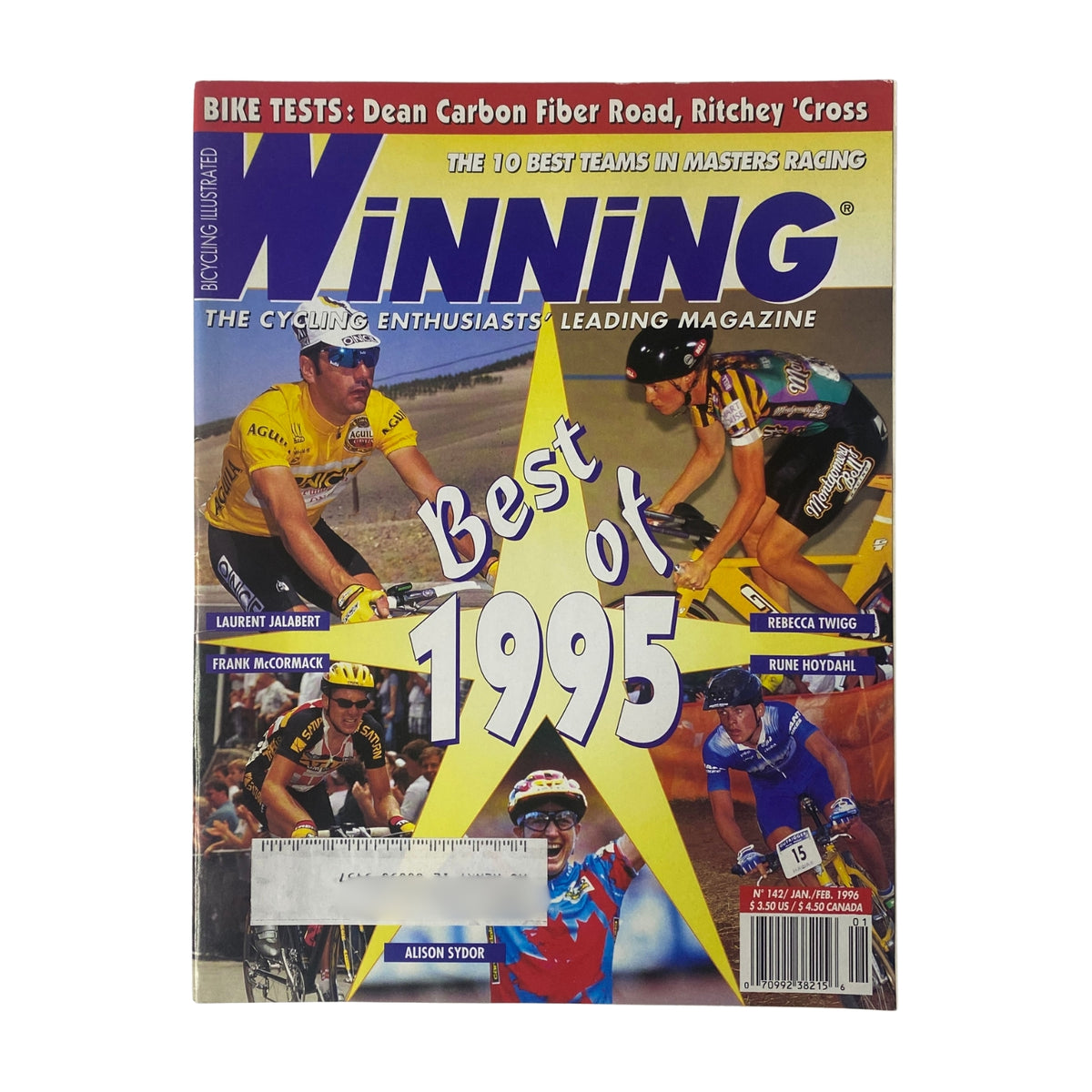 Cover of Winning Bicycle Racing Illustrated January 1996 No. 142 featuring cyclists Laurent Jalabert, Rebecca Twigg, and Alison Sydor, celebrating the best in cycling of 1995. The magazine highlights the top achievements and riders in professional cycling.
