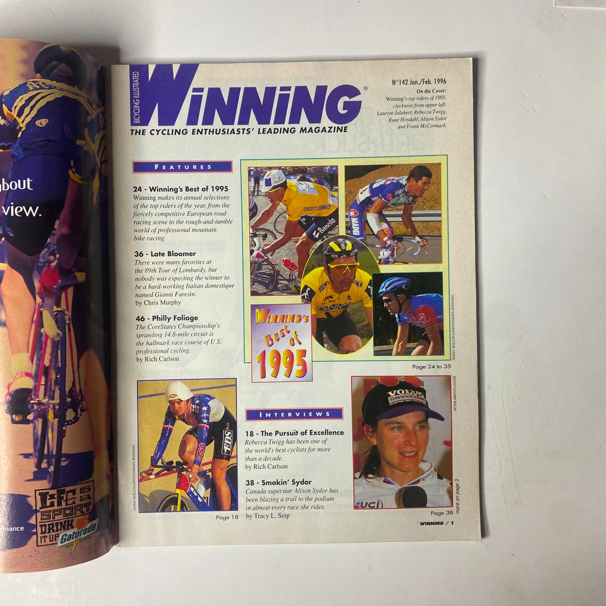 Interior page of Winning Bicycle Racing Illustrated January 1996 No. 142 showcasing articles including 'Winning’s Best of 1995' and interviews with characters like Rebecca Twigg and Alison Sydor, emphasizing the highlights of the cycling season.