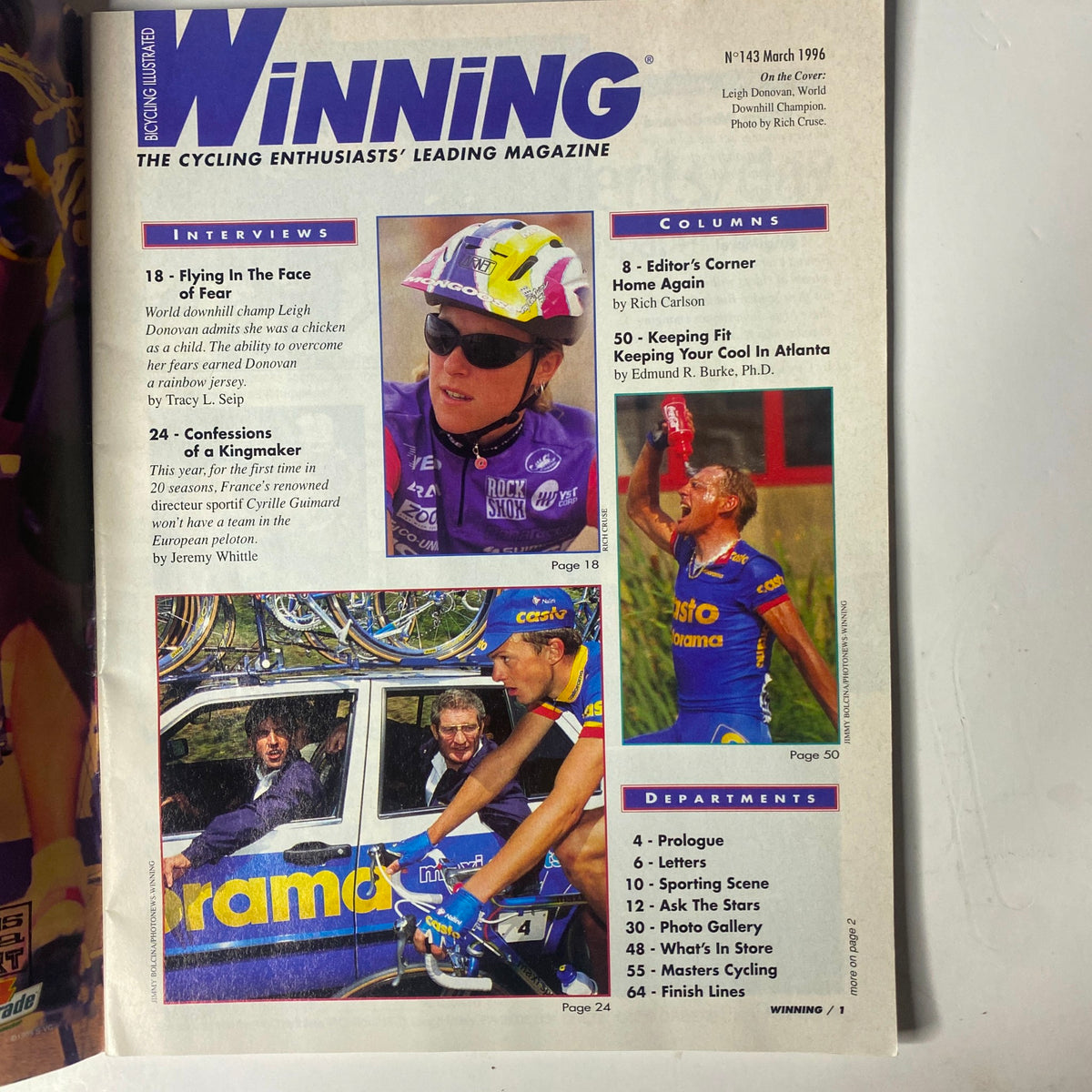 Inside page of Winning Bicycle Racing Illustrated, March 1996, No. 143 highlighting interviews and columns, including features on Leigh Donovan and cycling events.