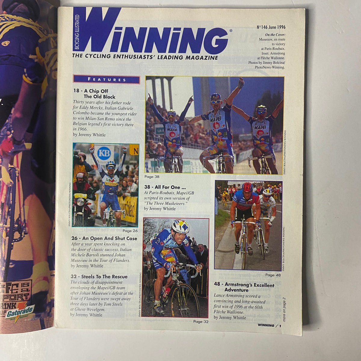 Interior page of Winning Bicycle Racing Illustrated, June 1996, No. 146 showing features on notable races and highlights including Lance Armstrong's victory at Flèche Wallonne. A look into key cycling moments.