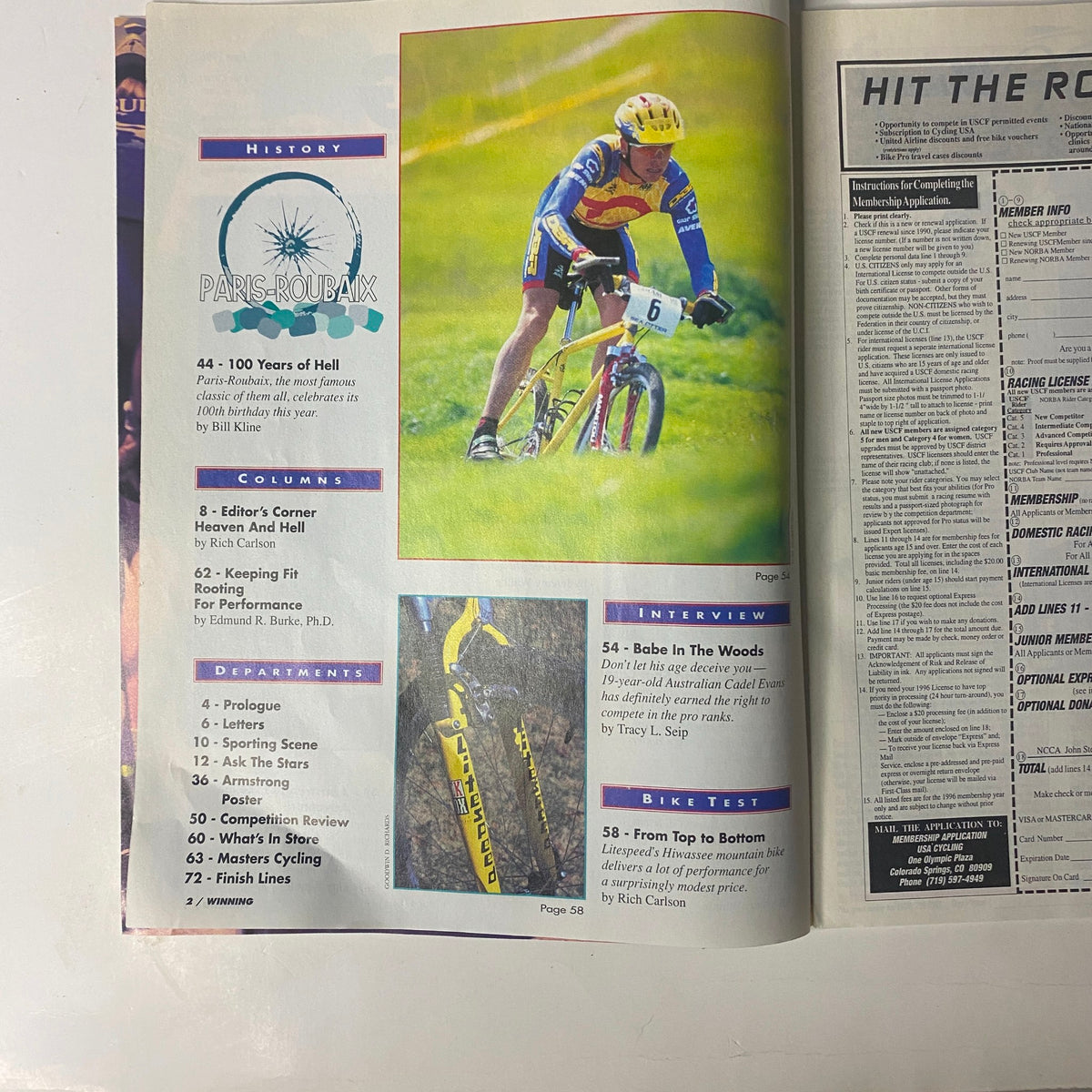 Another interior page of Winning Bicycle Racing Illustrated, June 1996, No. 146 showcasing historical highlights and interviews in cycling, reinforcing Lance Armstrong's pre-Tour success. Detailed insights into the sport.