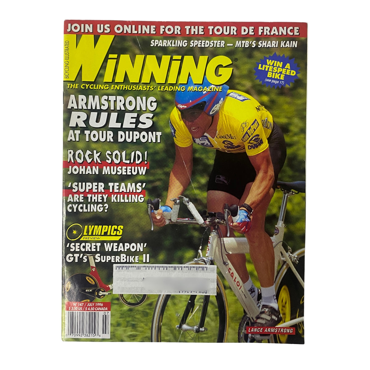 Cover of Winning Bicycle Racing Illustrated July 1996 No. 147 featuring Lance Armstrong on the front, showcasing the headline 'Armstrong Rules at Tour DuPont' and colorful cycling imagery.