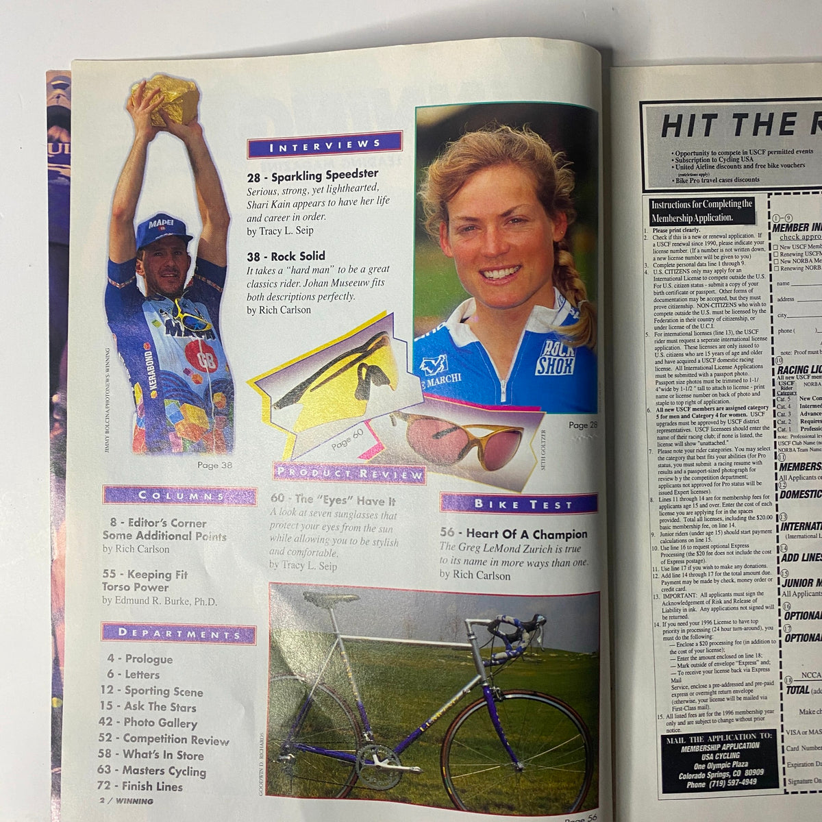 Another interior page of Winning Bicycle Racing Illustrated July 1996 No. 147, featuring interviews and reviews including 'Sparkling Speedster' and 'Heart of a Champion,' along with cycling graphics.